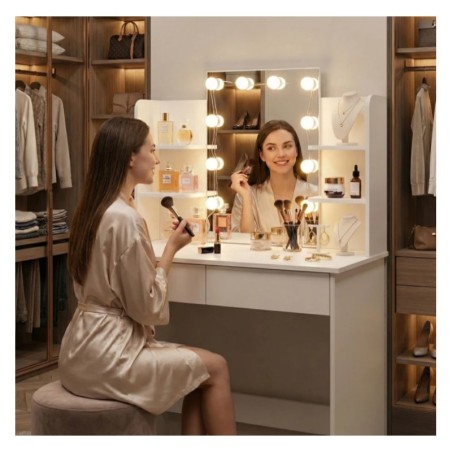 Suur kosmeetikalaud peegli ja LED-valgustusega, sahtli ja riiulitega