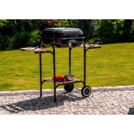 Suur reguleeritava restiga aiagrill, puidust riiulid