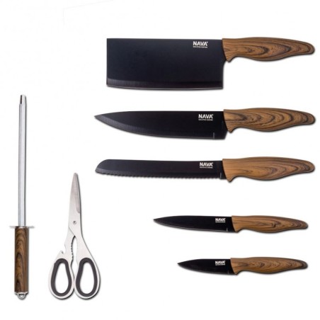 Musta terasest kööginugade komplekt statiivis, 8 tk