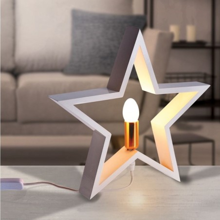 Puidust laualamp valge täht 34,5 cm