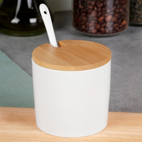 Keraamiline suhkrutoos lusikaga valge