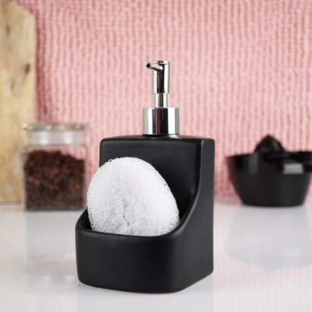 Nõudepesuvedeliku jaotur koos käsnamahuti ja švammiga, keraamiline, must, 400 ml