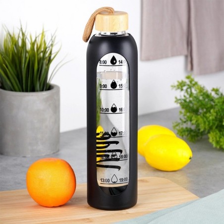 Klaasist veepudel silikoonkaanega, must 1 liitrit