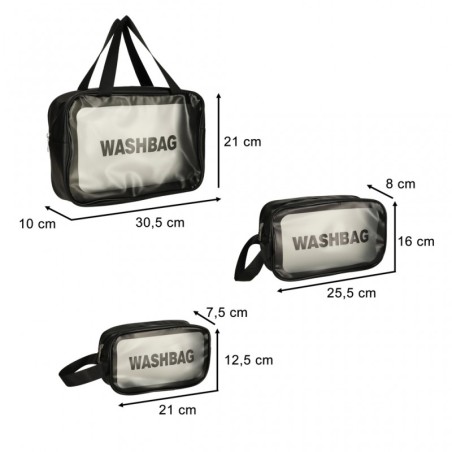 Läbipaistev veekindel reisi kosmeetikakottide komplekt, 3 tk, must
